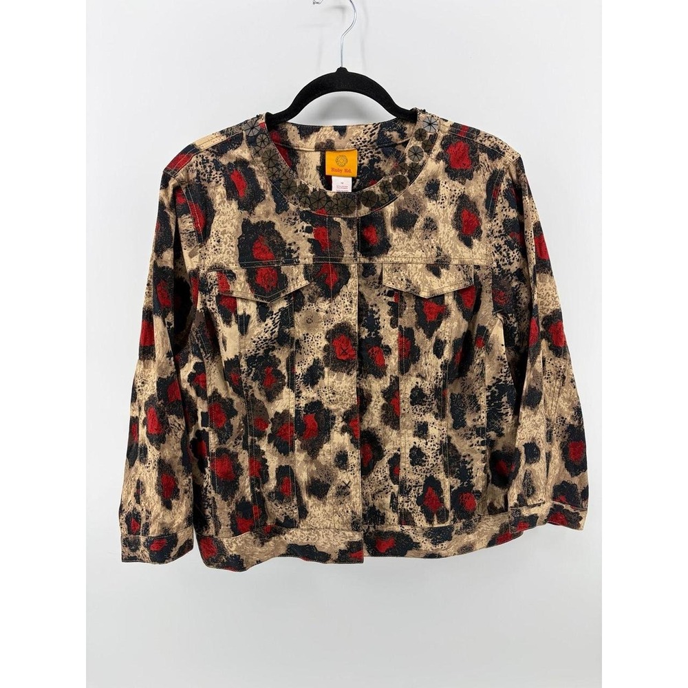 Ruby Rd, Women's Leopard Print Embellished Snap Front Jacket Red Accents Size 12